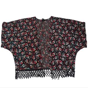 Embroidered Kimono Fringe Sheer Mesh Top, Floral Bolero Shrug / Cardigan, S/ Med